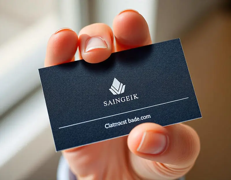 A professional business card with prominent logo placement in center.