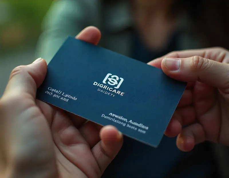 A professional business card with prominent logo placement.