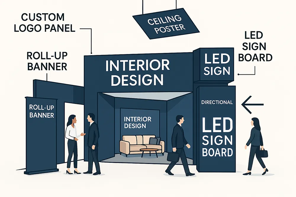 Expo booth using layered signage to attract visitors
