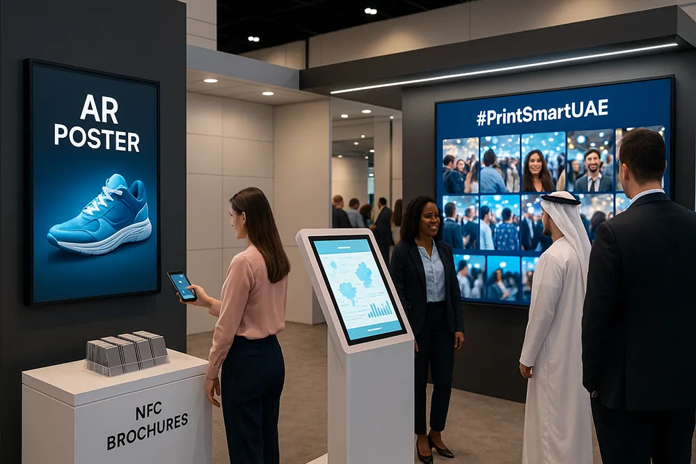 Interactive booth setup at a UAE exhibition using AR, NFC, and live social tools
