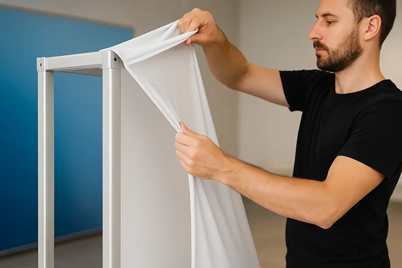 Smart Backdrops Transform Event Stages 1 Tension fabric being installed on a modular frame