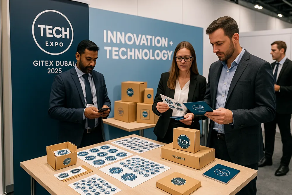 Branded sticker kits and packaging at a tech expo booth