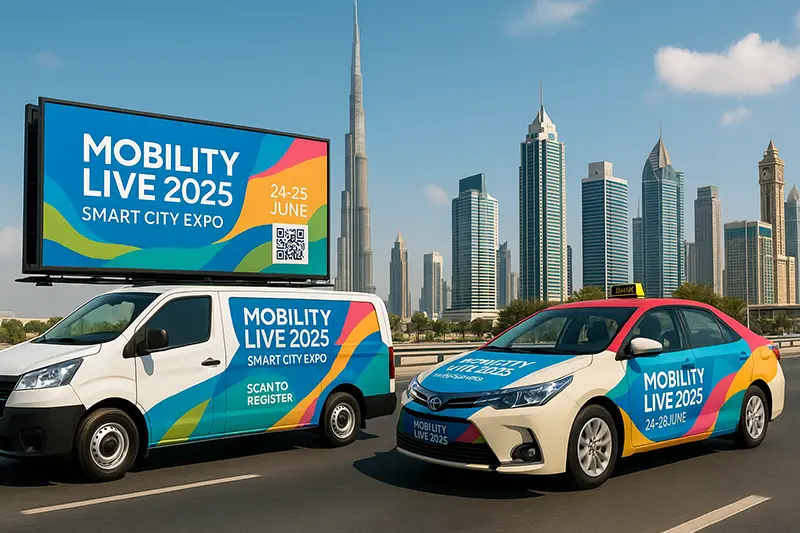 Billboard Advertising in Dubai: Big-Format Wins Ahead of PRS MEA 2025 3 Car wraps amplify reach during events like Mobility Live