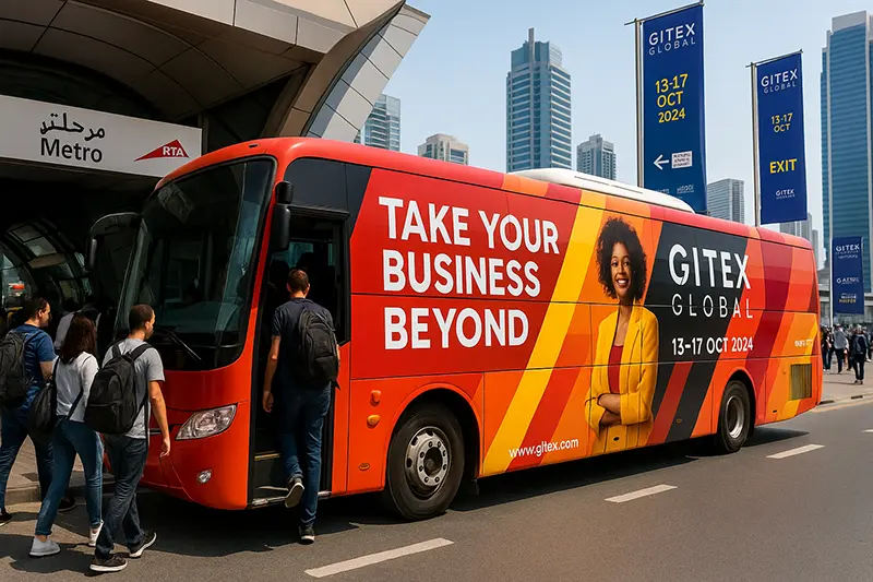 Car Branding Dubai: Drive Expo Leads 2 GITEX shuttles circulate through high-traffic event zones