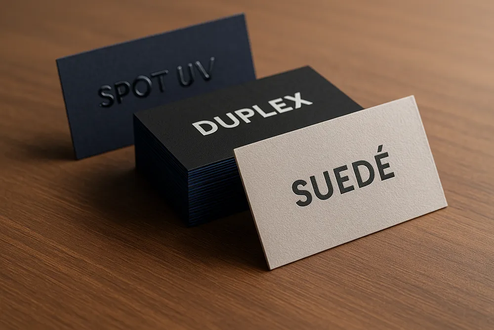 Premium business cards with spot UV, suede, and duplex layers