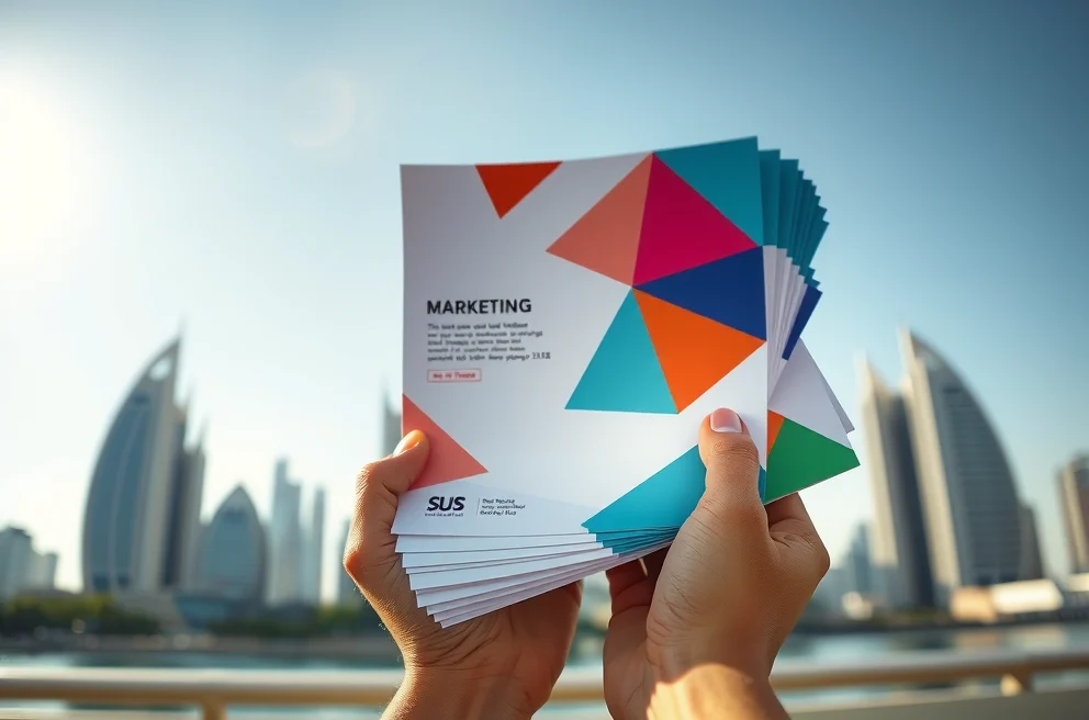 A close-up of hands holding several professionally printed, colorful flyers, with the modern architecture of the Dubai skyline blurred in the background, representing the effectiveness of flyer printing in Dubai.