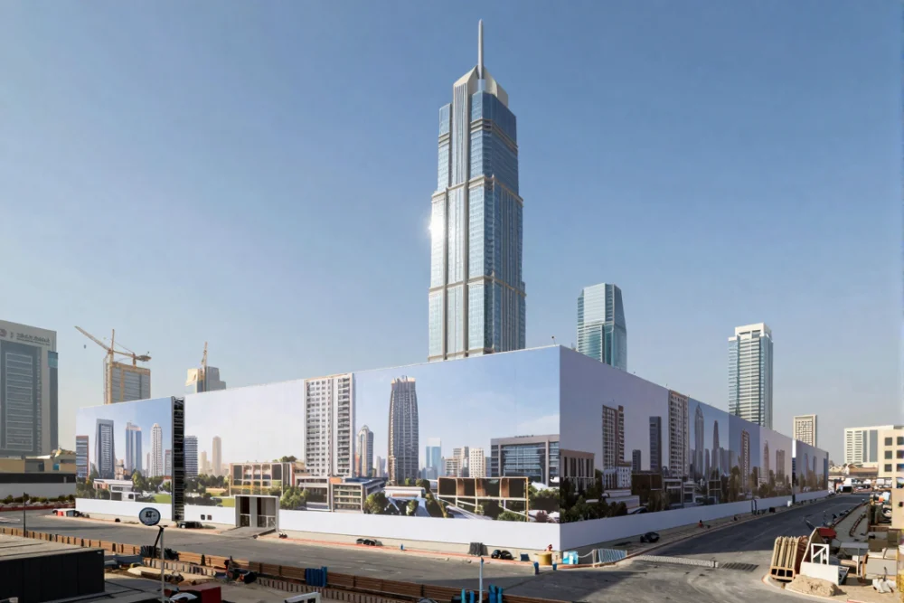 Professional construction site hoarding with architectural renderings in a modern Dubai urban setting.