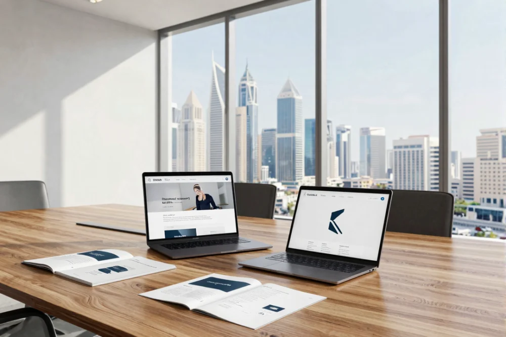 A professional branding agency office in Dubai with branding guides and digital devices on a table against a city skyline.