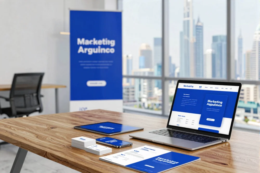 A modern workspace with a laptop, smartphone, tablet, brochures, and a roll-up banner representing integrated marketing consistency.