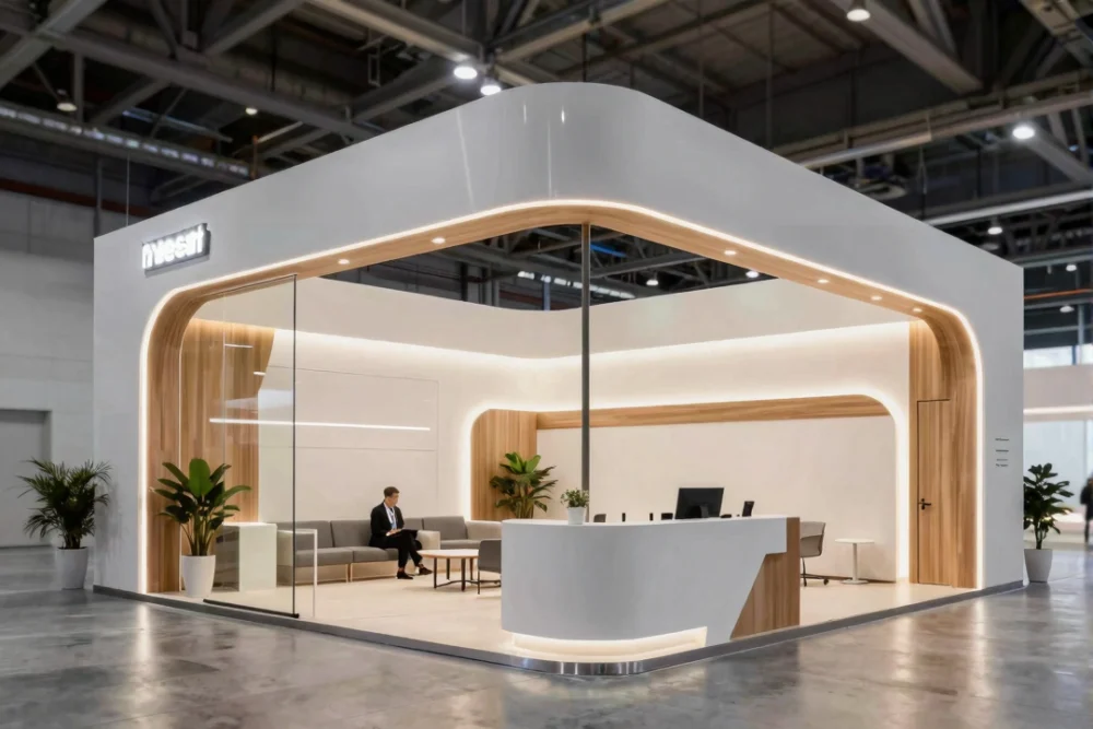 A sophisticated and modern exhibition booth with professional lighting and high-quality materials in a large trade show hall.