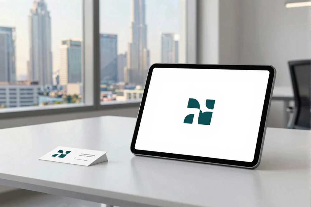 A professional branding mockup on a desk in Dubai featuring a minimalist logo on a tablet and business cards.