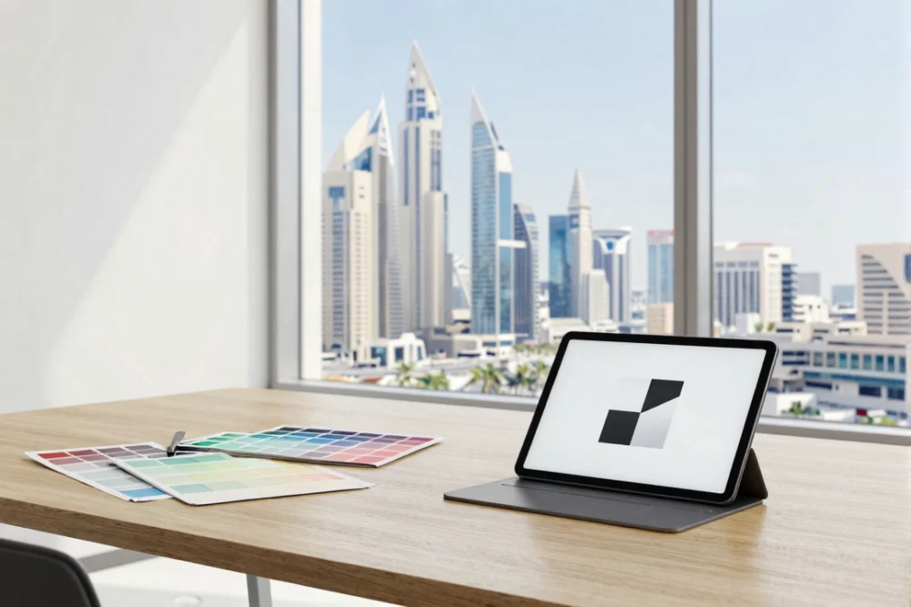 A modern branding agency office in Dubai featuring design tools and a view of the city skyline