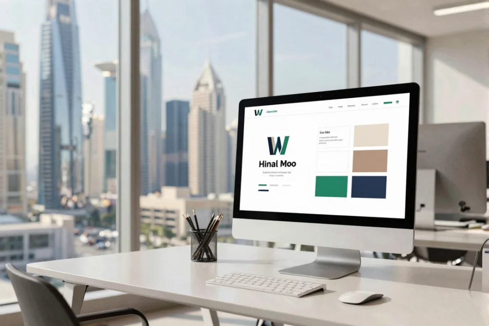 A professional graphic design studio in Dubai with a view of the city skyline showing a brand identity project on a computer screen